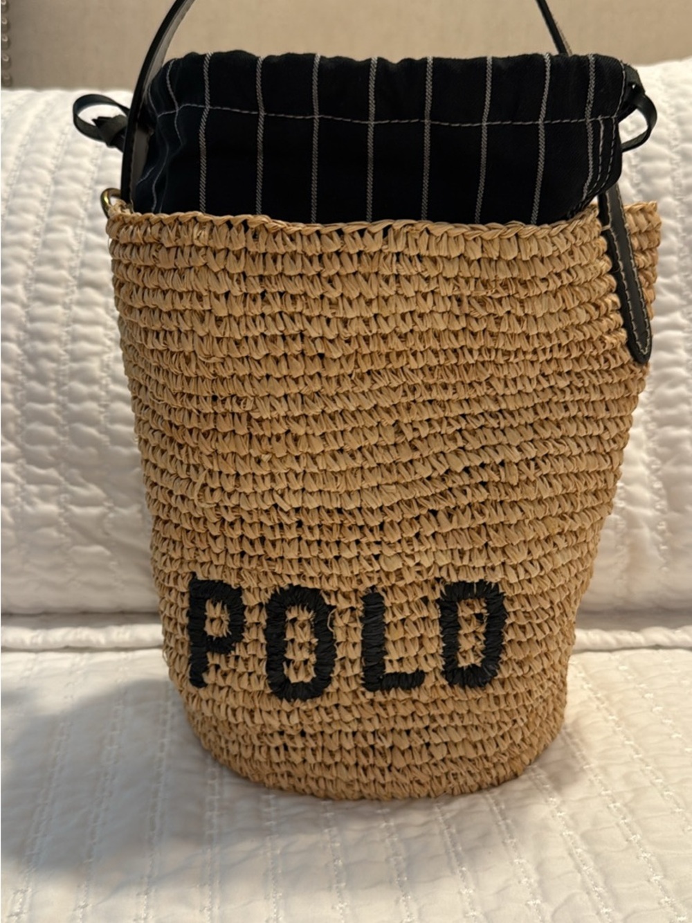 Polo by Ralph Lauren Natural Straw Bucket Bag with Black Liner